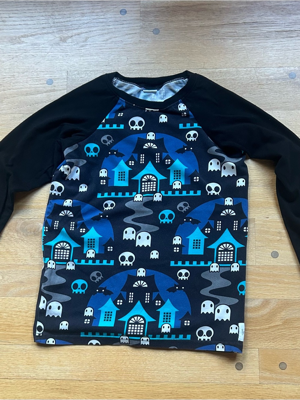 Kids' Ghost Print Raglan Tee - Black with Blue Accents